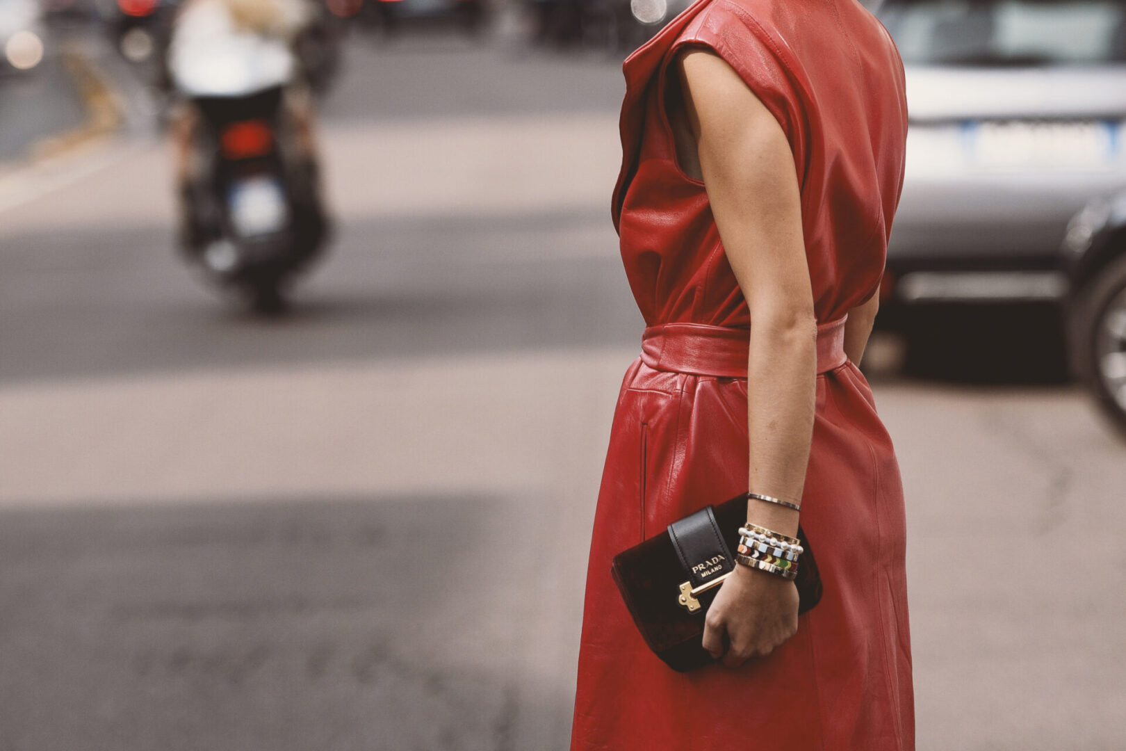 September 23, 2018: Milan, Italy - Girl with a luxury Prada handbag - street stule outfit during Milan Fashion Week - MFWSS19